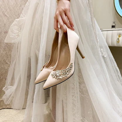 Satin Pointed Toe Bridal Wedding Thin High Heels with Side Rhinestones