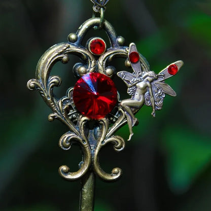 Women’s Vintage Fairy Key Pendant Necklace | Red Zircon Butterfly Charm