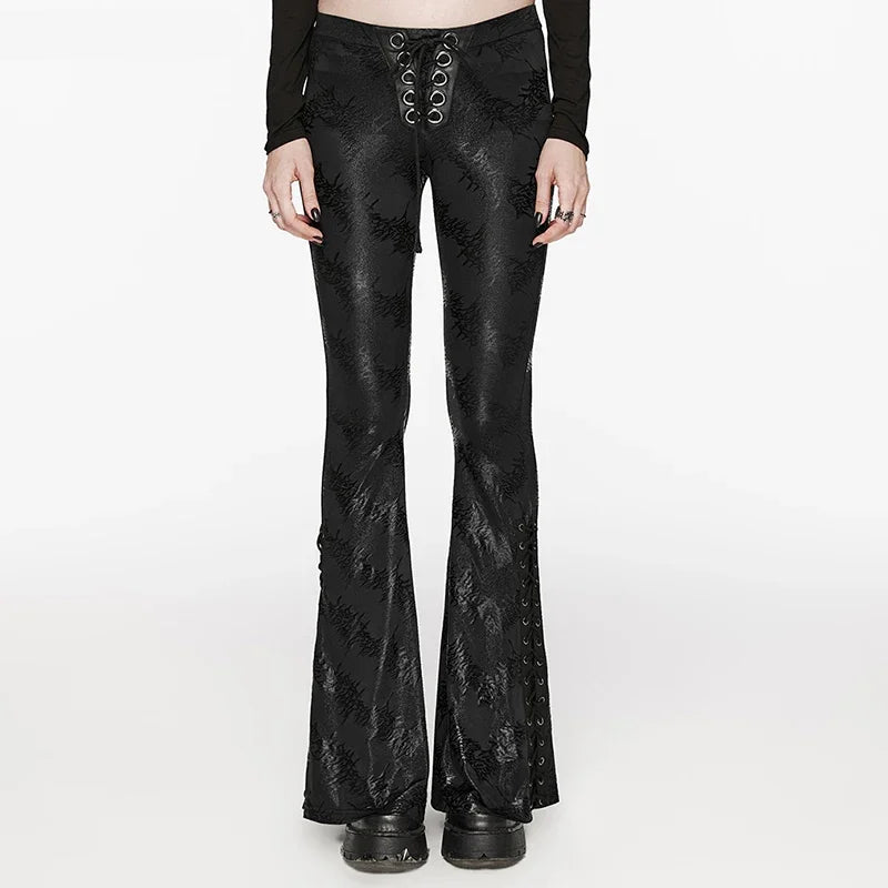 Women's Dark Red & Black Gothic Floral Jacquard Embroidered Metallic Lace-Up Flared  Pants