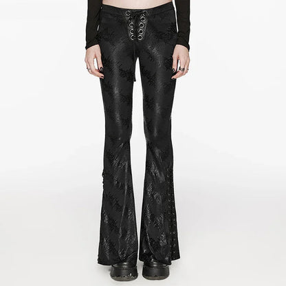 Women's Dark Red & Black Gothic Floral Jacquard Embroidered Metallic Lace-Up Flared  Pants