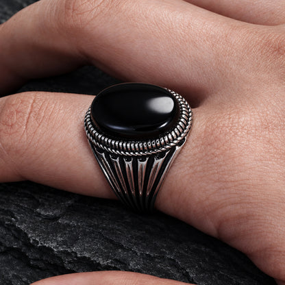 Men’s 925 Sterling Silver Natural Agate Signet Ring | Vintage Oval Cabochon