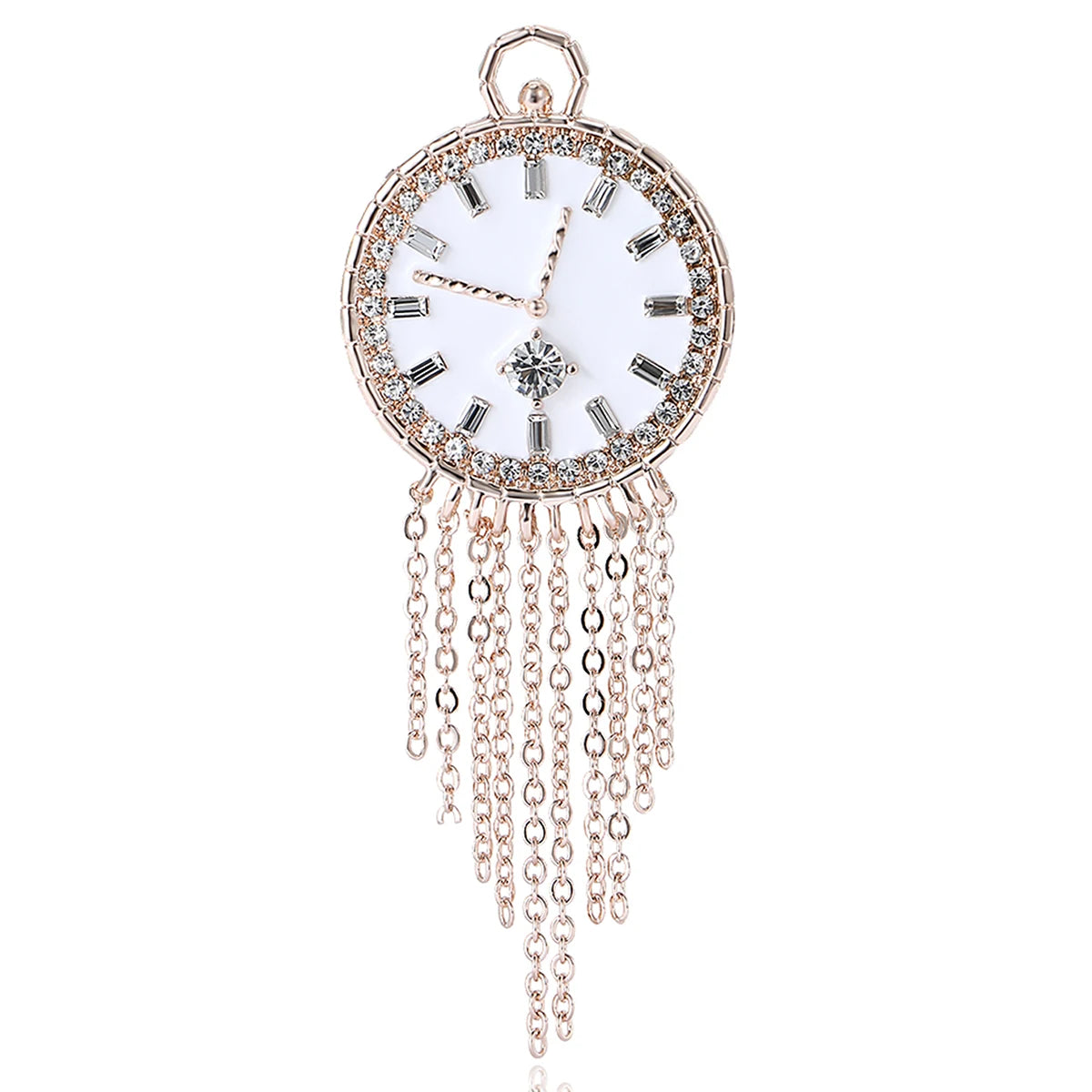Vintage Rhinestone Clock Face Women's Tassel Brooch Pin