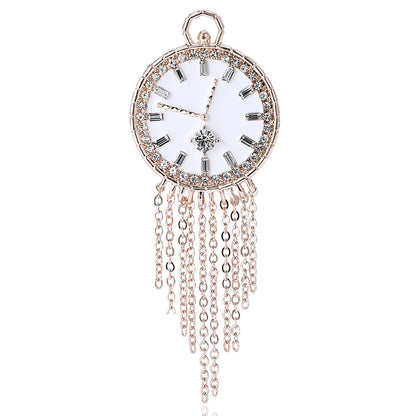 Vintage Rhinestone Clock Face Women's Tassel Brooch Pin