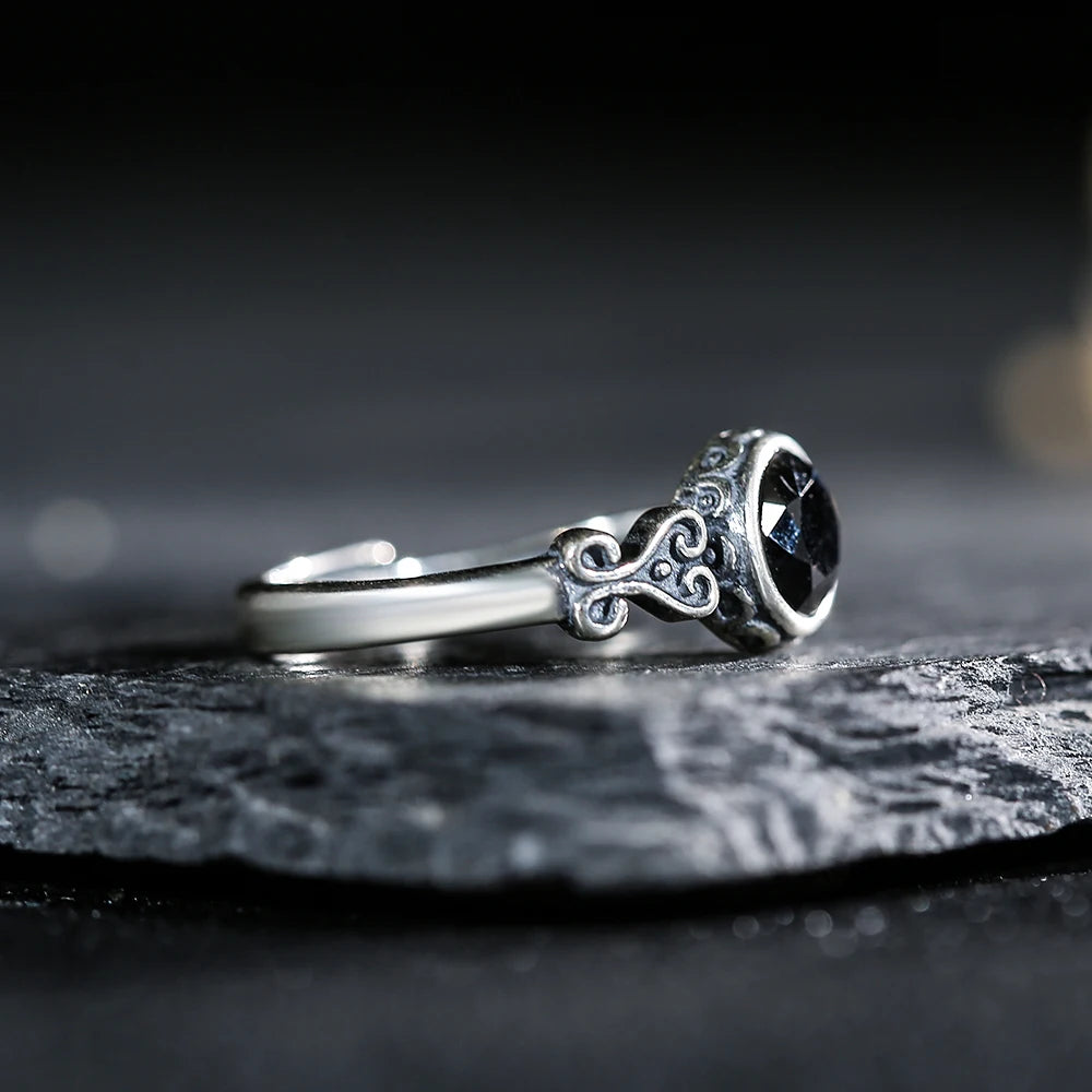 Vintage S925 Sterling Silver Black Spinel Women's Natural Gemstone Ring