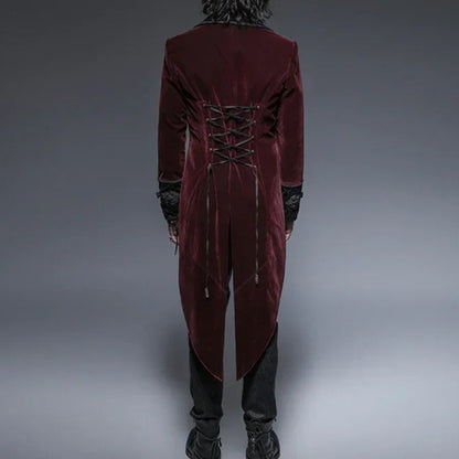 Men's Gothic Crimson Red & Black Embroidered Victorian Aristocrat Tailcoat Jacket
