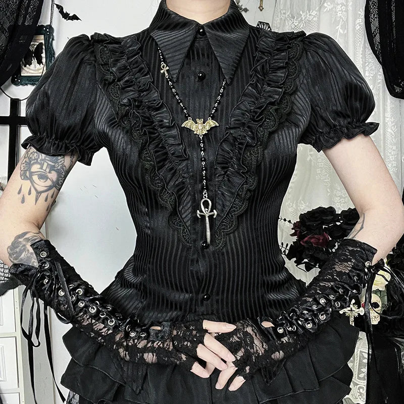 Women's Gothic Striped Button Short Puffy Sleeves Blouse Shirt with Lapel Collar