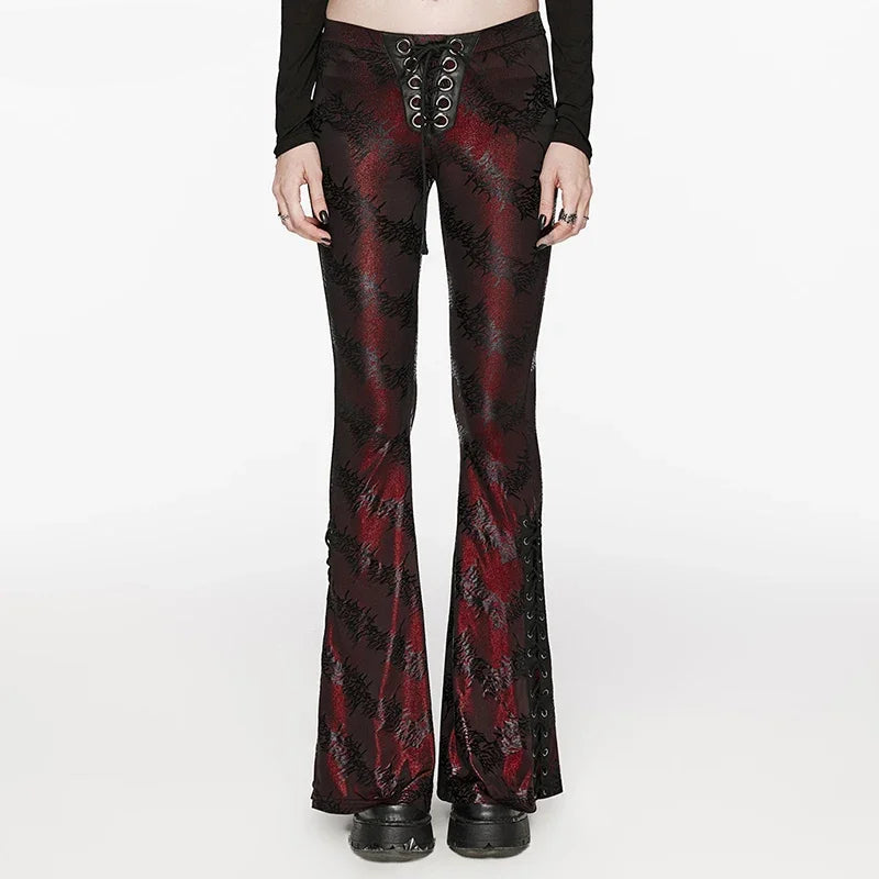 Women's Dark Red & Black Gothic Floral Jacquard Embroidered Metallic Lace-Up Flared  Pants