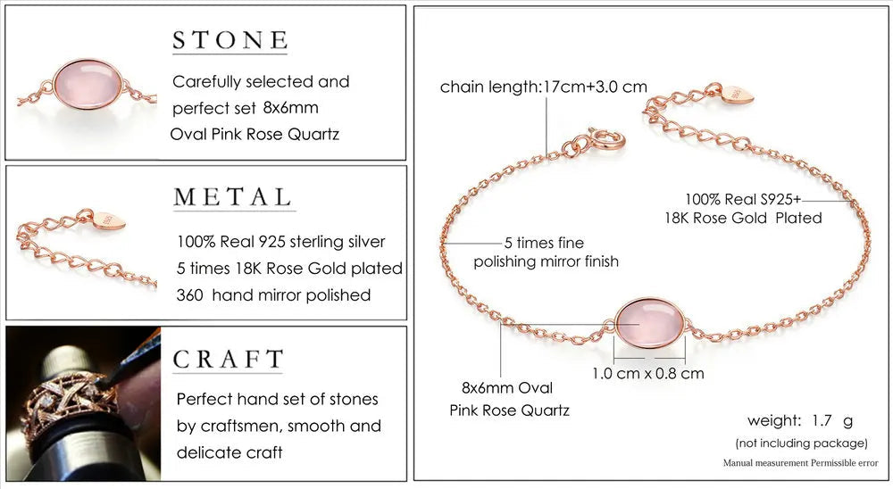 925 Sterling Silver Oval Rose Quartz 18K Gold Plated Women's Vintage Bracelet