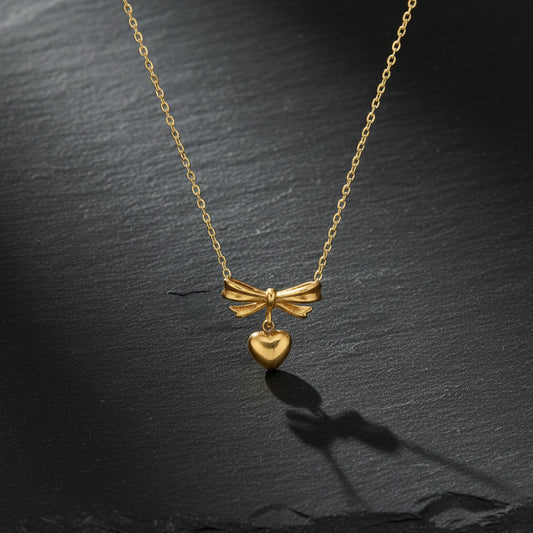 Women's Golden Heart & Bow Stainless Steel Romantic Pendant Necklace - Lovez Aqua© - 