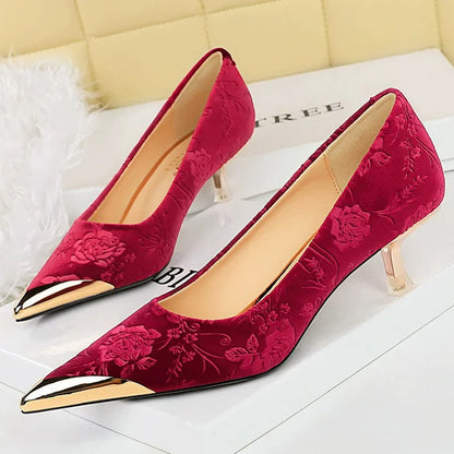 Luxury Women's Stiletto High Heels with Vintage Floral Embroidery & Metallic Pointed Toe