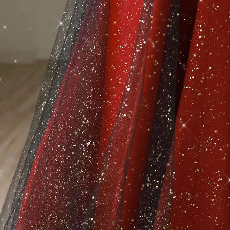 Elegant Crimson & Black Glitter Boat Neck Satin A-Line Evening Gown - Lovez Aqua© - 