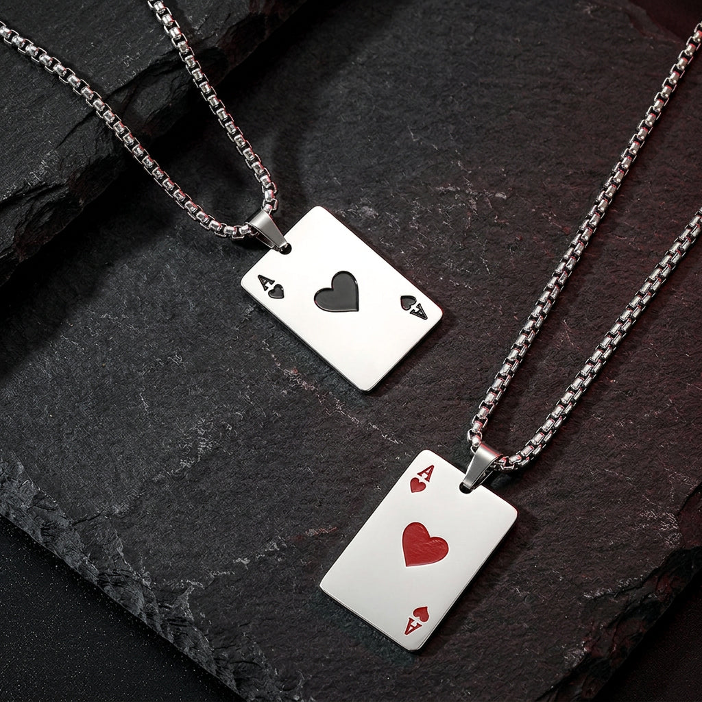 Men’s Silver Ace of Spades or Hearts Playing Card Pendant Necklace | Poker Jewelry