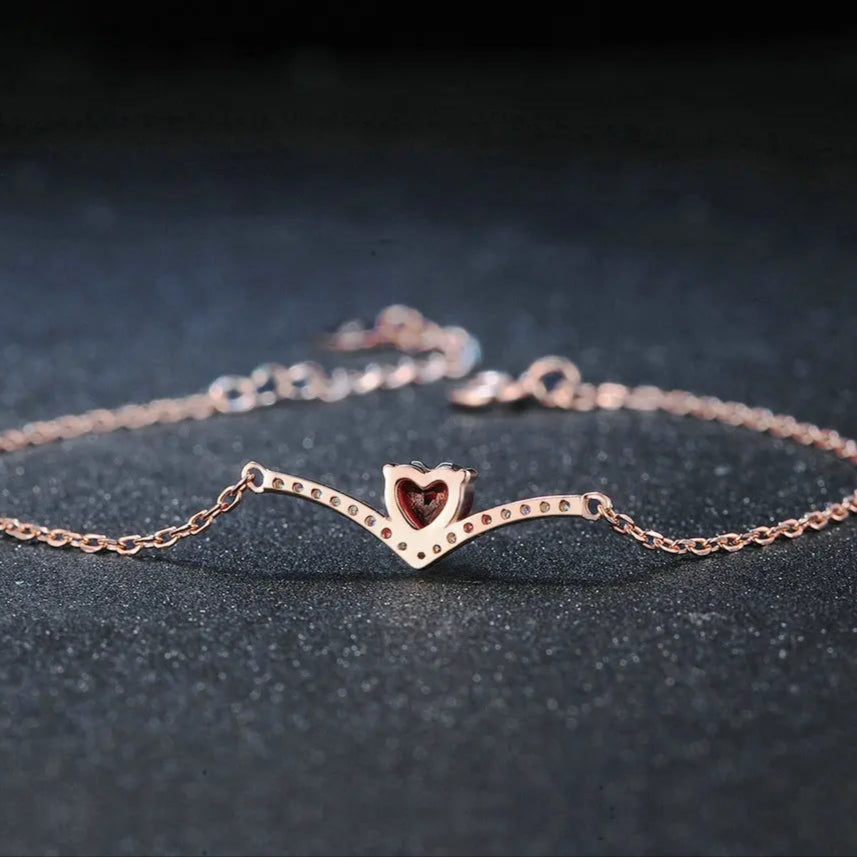 Exquisite Red Garnet Heart 925 Sterling Silver & Rose Gold Women's Vintage V-Shaped Bracelet