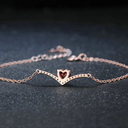 Exquisite Red Garnet Heart 925 Sterling Silver & Rose Gold Women's Vintage V-Shaped Bracelet