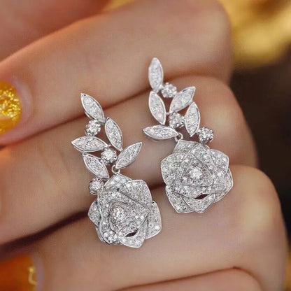 925 Sterling Silver Rose & Leaves Cubic Zirconia Women's Floral Drop Earrings