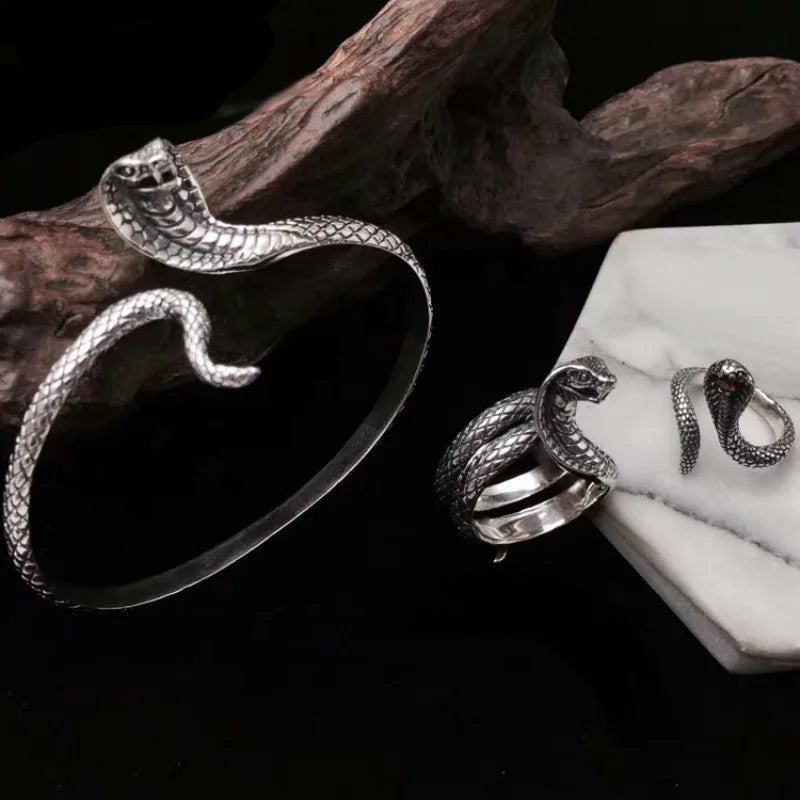 S925 Sterling Silver Punk Goth King Cobra Snake Unisex Cuff Bangle or Ring - Lovez Aqua© - 