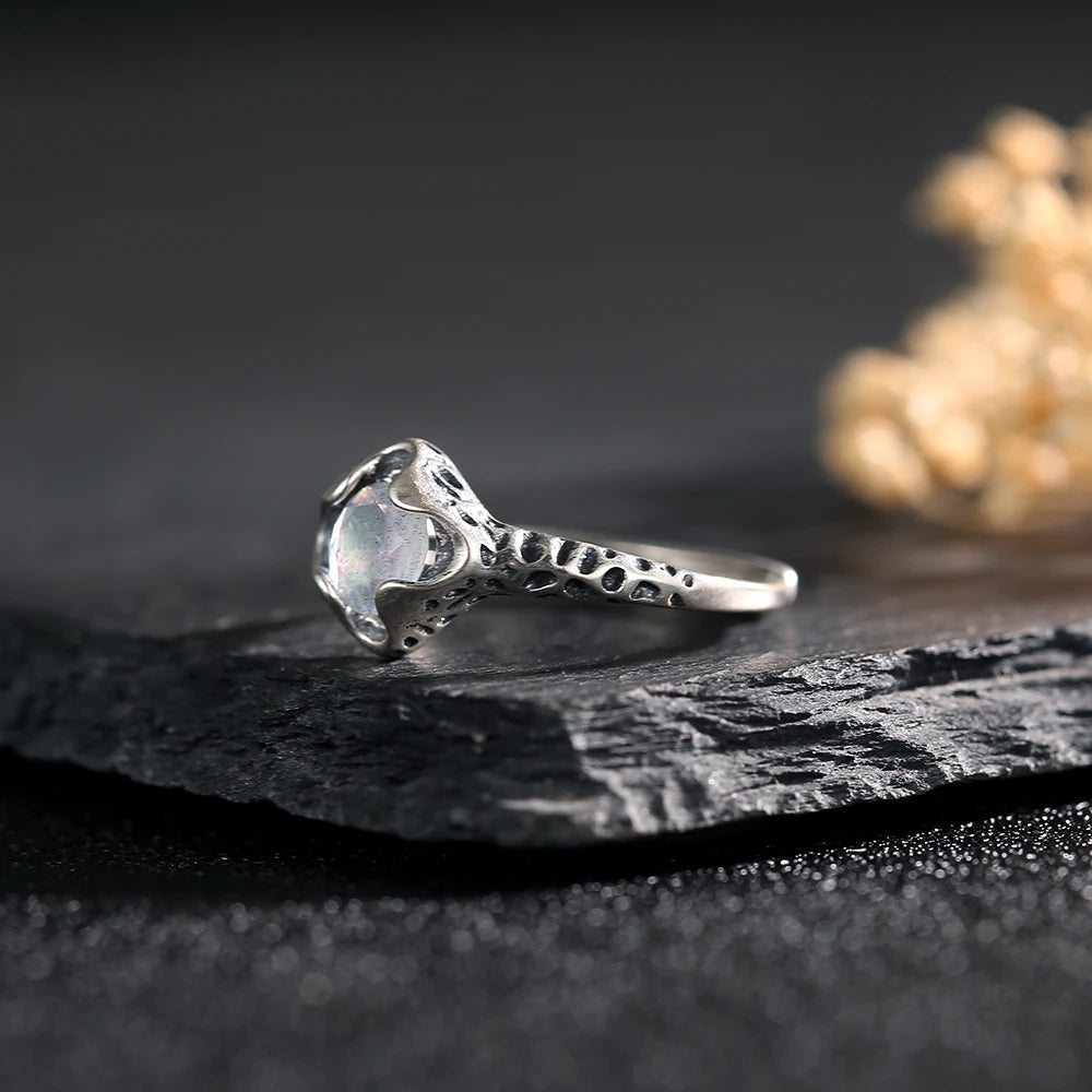 Women's S925 Sterling Silver Natural Moonstone Faceted Cut Gem Leopard Pattern Ring