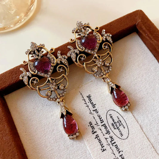 Women's Luxury Antique Gold & Light Magenta Retro Palace Dangle Earrings