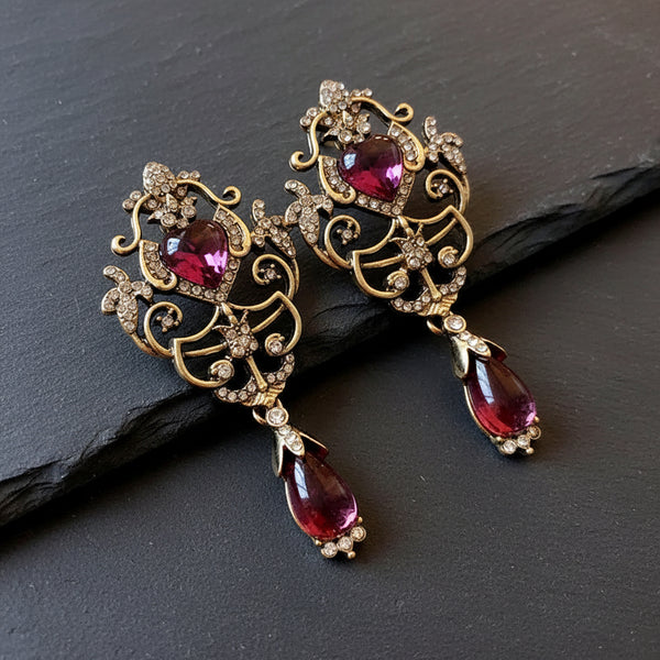 Women's Antique Gold & Magenta Retro Palace Dangle Earrings