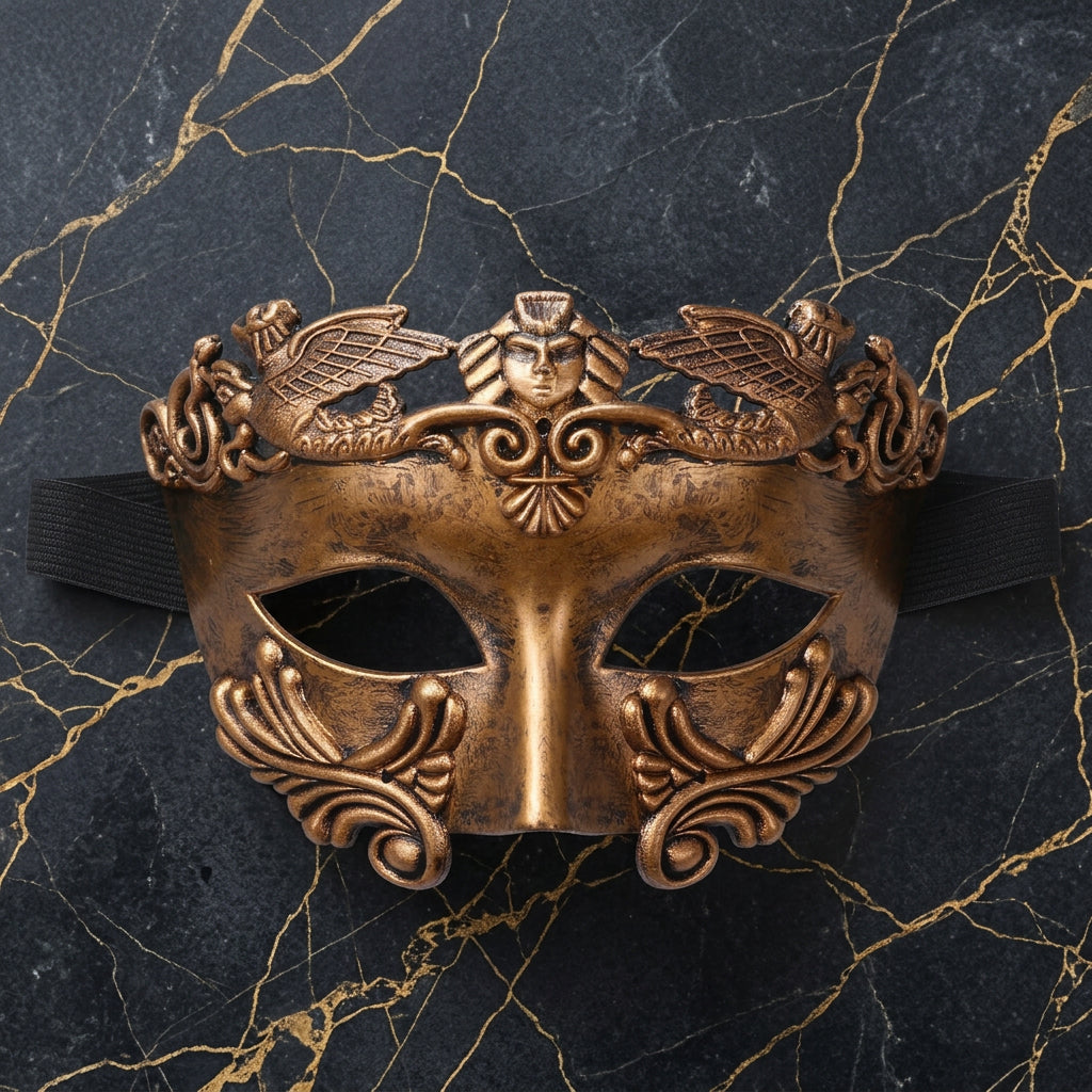 men's Venetian masquerade mask, antique copper mask, baroque masquerade mask, men's gothic mask, Venetian carnival mask, bronze eye mask, vintage masquerade mask, ornate half face mask, Renaissance masquerade, Victorian masquerade accessory, winged figure mask, Venetian ball mask, mysterious gentleman costume, gothic formal accessories, masked ball costume, Halloween mask men, theatrical face mask, antique gold masquerade mask