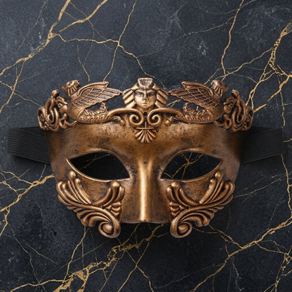 men's Venetian masquerade mask, antique copper mask, baroque masquerade mask, men's gothic mask, Venetian carnival mask, bronze eye mask, vintage masquerade mask, ornate half face mask, Renaissance masquerade, Victorian masquerade accessory, winged figure mask, Venetian ball mask, mysterious gentleman costume, gothic formal accessories, masked ball costume, Halloween mask men, theatrical face mask, antique gold masquerade mask