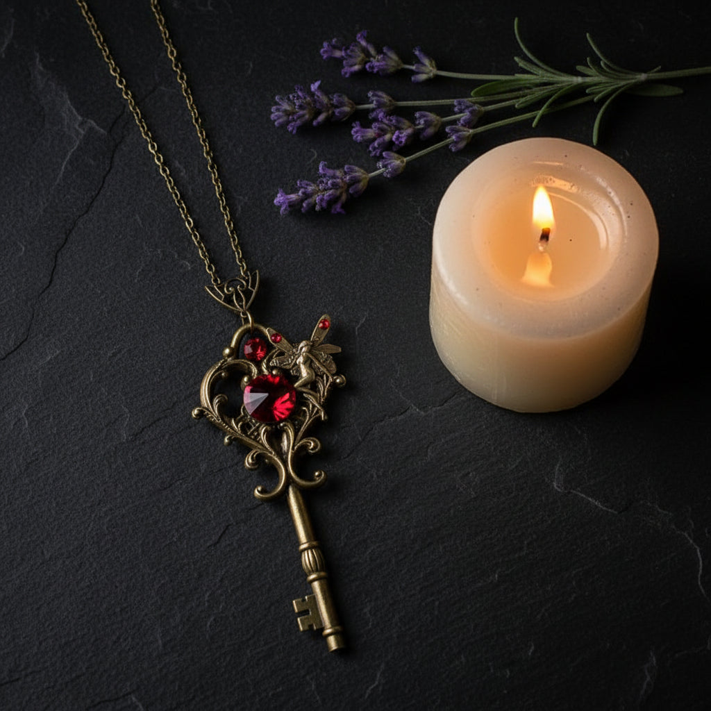 Women’s Vintage Fairy Key Pendant Necklace | Red Zircon Butterfly Charm