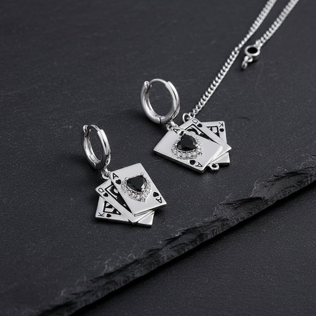 playing card earrings, ace of spades earrings, lovezaqua, playing card jewelry, card drop earrings, spade earrings, playing card jewelry, gothic hoop earrings, chain drop earrings, unisex gothic jewelry, women’s card earrings, men’s card earrings, dark fantasy jewelry, gambling inspired jewelry, card suit jewelry, stainless steel earrings, gothic accessories, fantasy earrings, high stakes jewelry, dark romantic jewelry, statement card earrings, jacks, once upon a broken heart