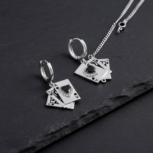 playing card earrings, ace of spades earrings, lovezaqua, playing card jewelry, card drop earrings, spade earrings, playing card jewelry, gothic hoop earrings, chain drop earrings, unisex gothic jewelry, women’s card earrings, men’s card earrings, dark fantasy jewelry, gambling inspired jewelry, card suit jewelry, stainless steel earrings, gothic accessories, fantasy earrings, high stakes jewelry, dark romantic jewelry, statement card earrings, jacks, once upon a broken heart