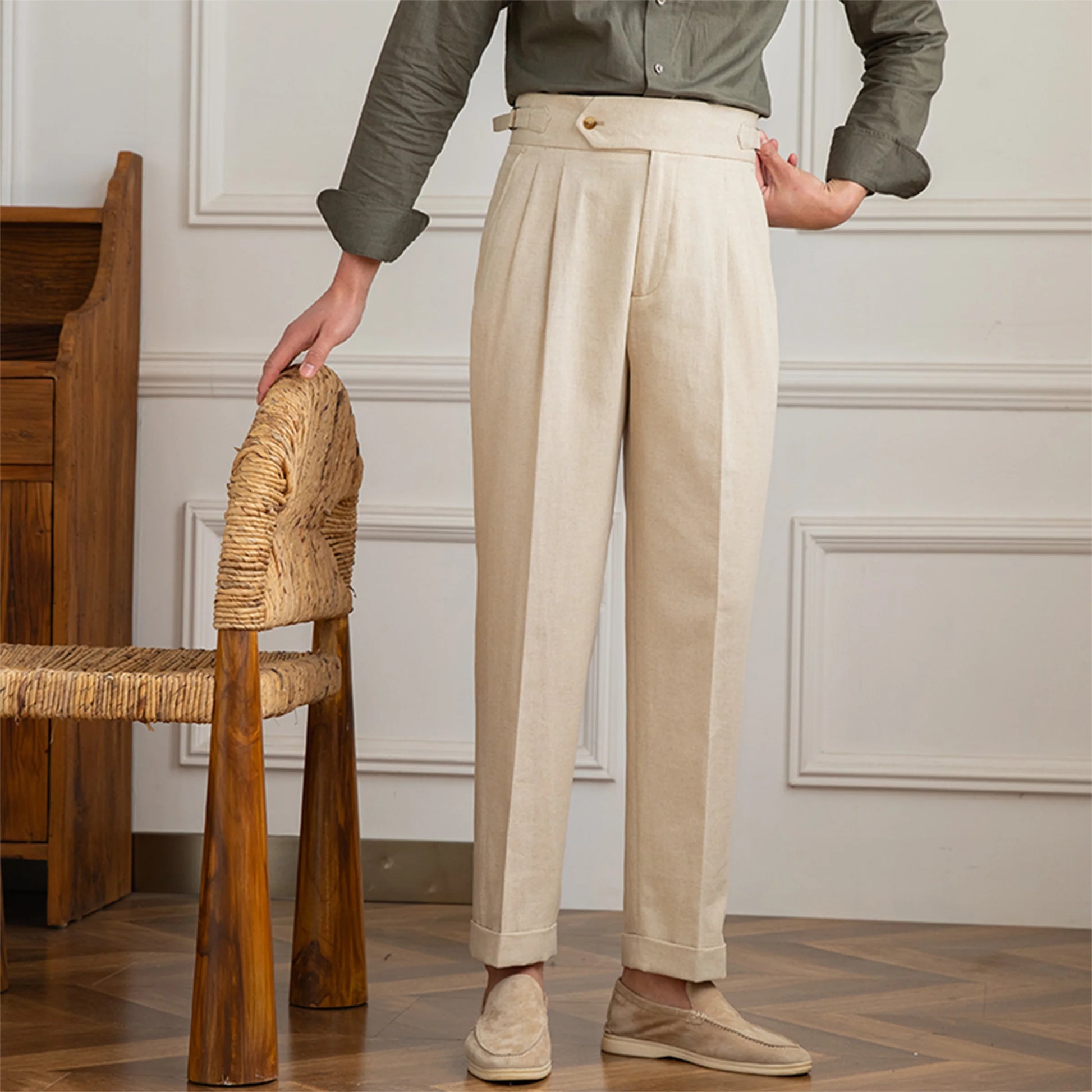 men's linen trousers, linen cotton trousers, pleated trousers, double pleated trousers, men's tapered trousers, tailored trousers, vintage trousers, vintage menswear, men's tailored pants, linen pants men, cotton linen pants, pleated pants men, tapered pants men, classic trousers, heritage menswear, romantic menswear, old world clothing, vintage inspired clothing, neutral trousers, beige trousers, cream trousers, men's dress trousers, smart casual trousers, extended waistband trousers, cuffed trousers