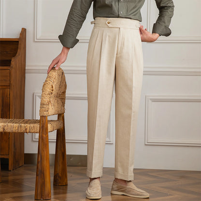 men's linen trousers, linen cotton trousers, pleated trousers, double pleated trousers, men's tapered trousers, tailored trousers, vintage trousers, vintage menswear, men's tailored pants, linen pants men, cotton linen pants, pleated pants men, tapered pants men, classic trousers, heritage menswear, romantic menswear, old world clothing, vintage inspired clothing, neutral trousers, beige trousers, cream trousers, men's dress trousers, smart casual trousers, extended waistband trousers, cuffed trousers
