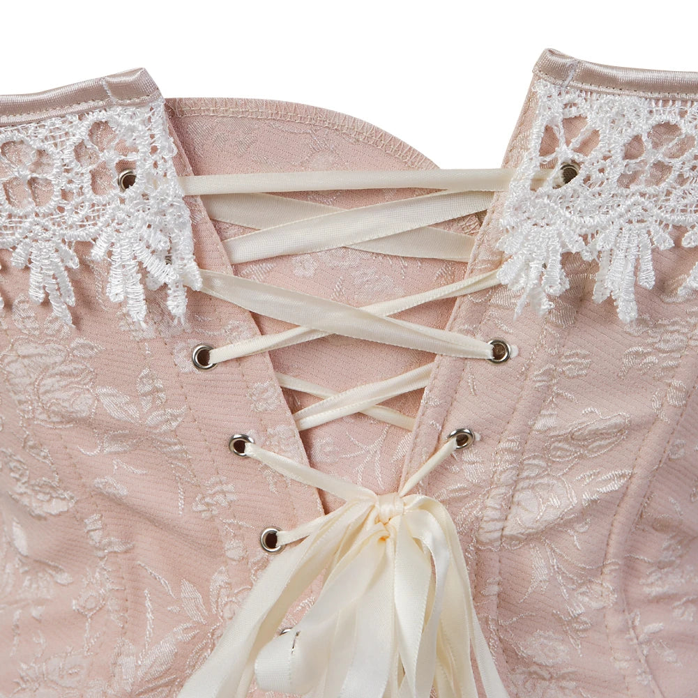Victorian Light Pink Jacquard Overbust Boned Bustier Corset with White Lace