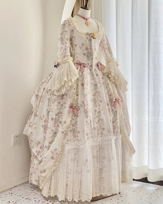 White & Pink Floral Rococo Court Dress 18th Century Inspired Ball Gown with Lace Flared Sleeves