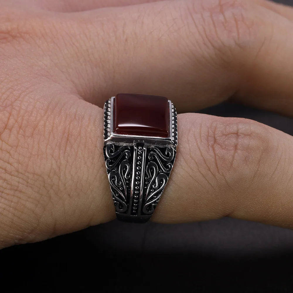 Men's Vintage S925 Sterling Silver Engraved Natural Onyx Stone Square Ring