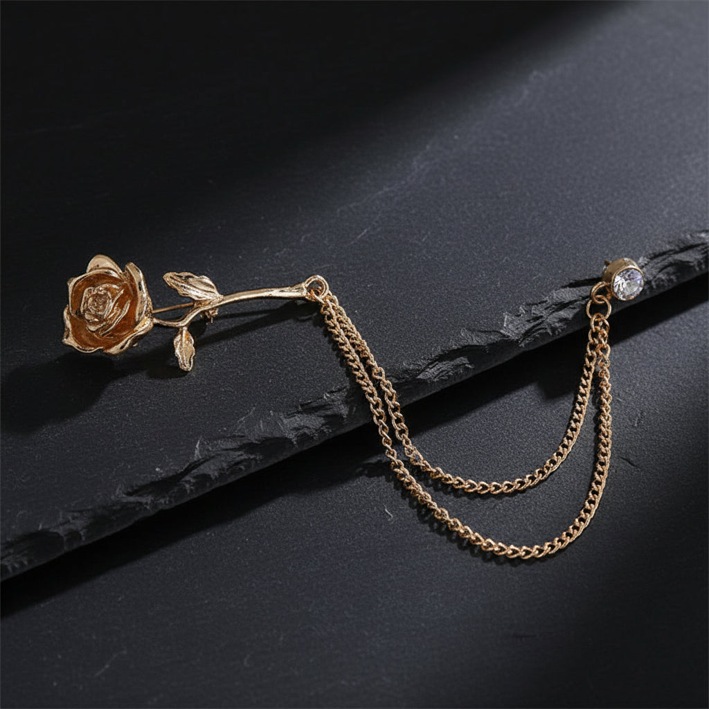Men’s Ornate Fantasy Rose Rhinestone Chain Lapel Pin Brooch