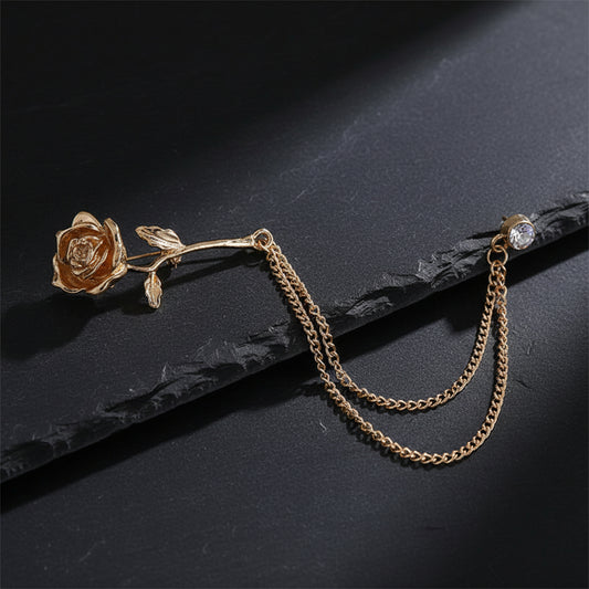 Men’s Ornate Fantasy Rose Rhinestone Chain Lapel Pin Brooch