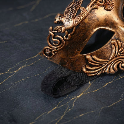men's Venetian masquerade mask, antique copper mask, baroque masquerade mask, men's gothic mask, Venetian carnival mask, bronze eye mask, vintage masquerade mask, ornate half face mask, Renaissance masquerade, Victorian masquerade accessory, winged figure mask, Venetian ball mask, mysterious gentleman costume, gothic formal accessories, masked ball costume, Halloween mask men, theatrical face mask, antique gold masquerade mask