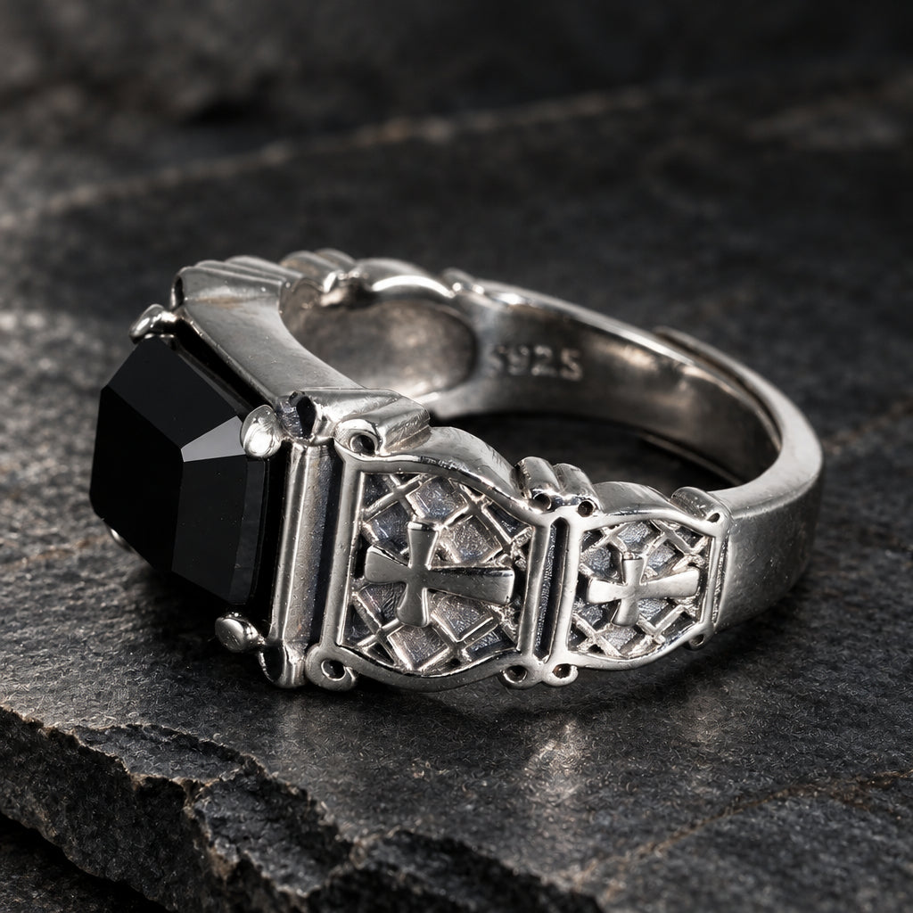 Men’s 925 Sterling Silver Black Agate Gothic Cross Signet Ring