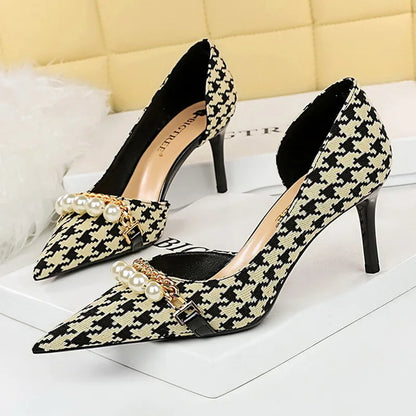 Vintage Plaid Checkered Women's Stiletto High Heels with Pearl & Chain Detail
