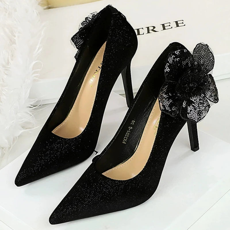 Luxury Women's Black Suede & Lace Flower Stiletto High Heel Pumps