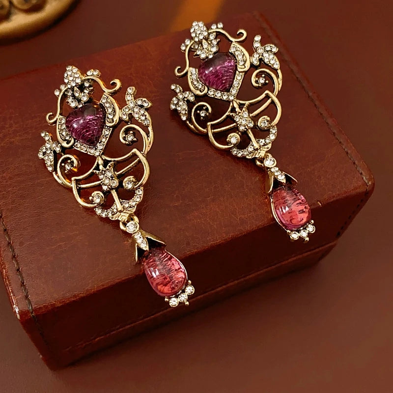 Women's Luxury Antique Gold & Light Magenta Retro Palace Dangle Earrings