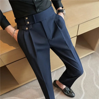 navy high waist trousers, button tab waistband pants, pleated men’s formalwear, slim tailored dress trousers, polished office pants, vintage inspired mens pants, tapered pleated trousers, dress pants with side tabs, elegant navy suit pants, formal social trousers, high rise menswear, tailored navy pants, sharp dress trouser outfit, men’s evening pants