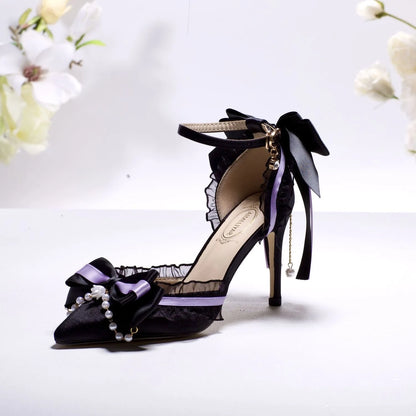 Women's Black & Purple Satin High Heels with Lace, Bow & Pearl Embellishments