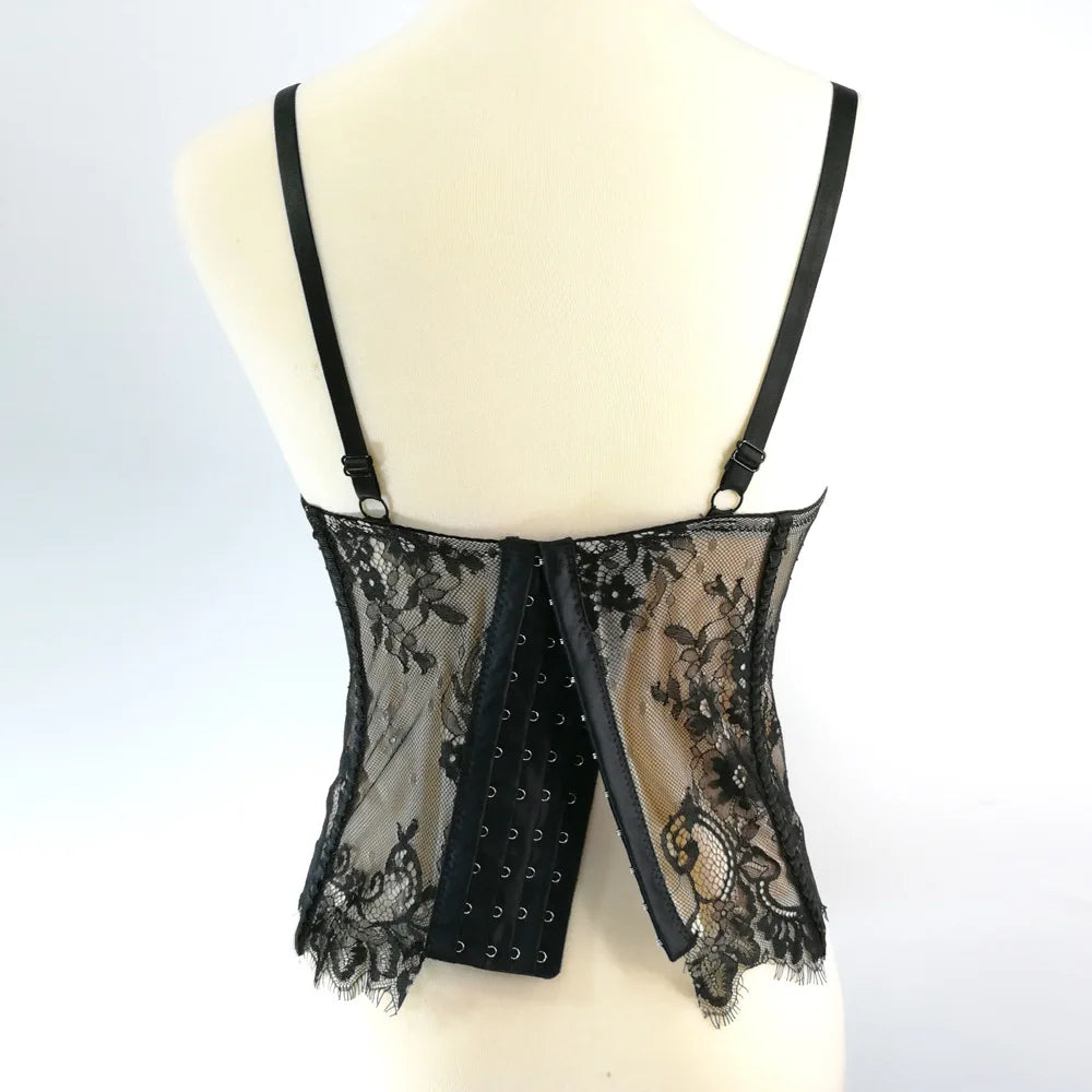 Gothic Floral Lace Women's Overbust Boned Corset Top with Sheer Mesh