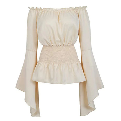 Women's Renaissance Off-Shoulder Smocked Medieval Peasant Blouse Flared Sleeves