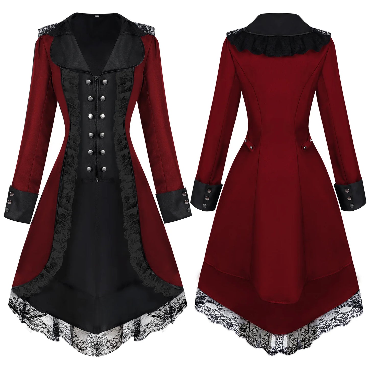 Women's Gothic Victorian Steampunk Embroidered Long Tailcoat Jacket with Lace Trim
