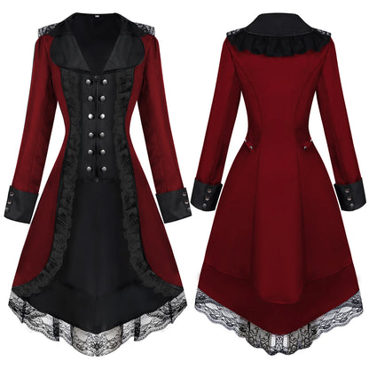 Women's Gothic Victorian Steampunk Embroidered Long Tailcoat Jacket with Lace Trim