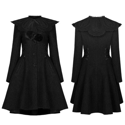 Women's Gothic Woolen Jacquard Slim Fit Winter Coat with Faux Fur Collar & Retro Rose Buttons