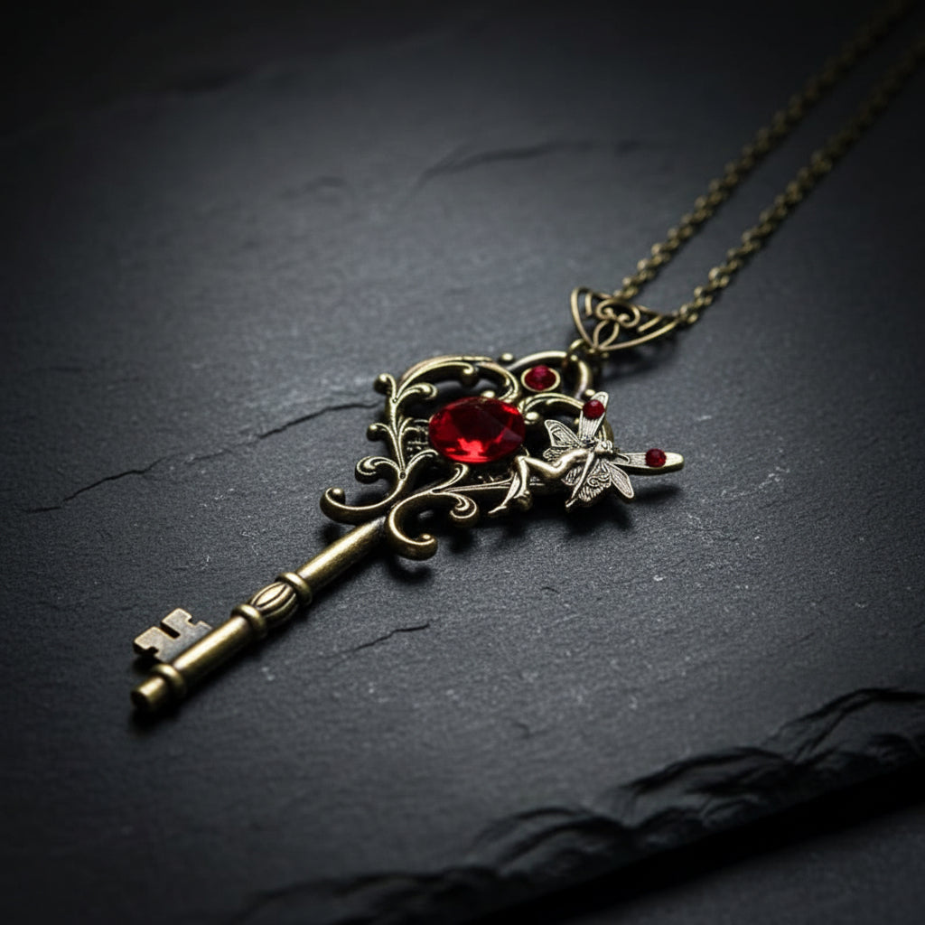 Women’s Vintage Fairy Key Pendant Necklace | Red Zircon Butterfly Charm