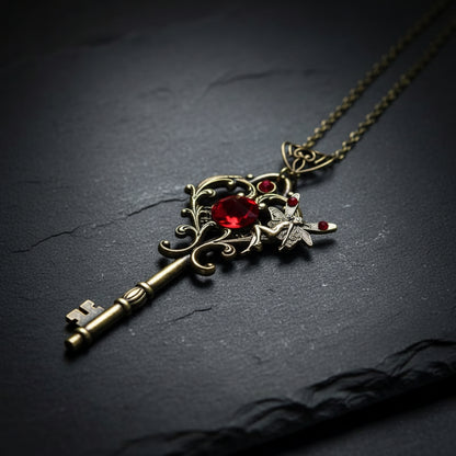 Women’s Vintage Fairy Key Pendant Necklace | Red Zircon Butterfly Charm