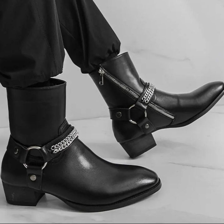 mens harness boots, men's harness boots, chain harness boots, black harness boots, harness ankle boots, mens ankle boots, men's ankle boots, black ankle boots men, mens black boots, men's black boots, O ring boots, O-ring harness boots, chain boots men, side zip boots, zip ankle boots, gothic mens boots, gothic boots men, western ankle boots, western inspired boots, biker ankle boots, moto boots men, alternative mens shoes, dark romantic fashion, vintage inspired menswear, gothic menswear